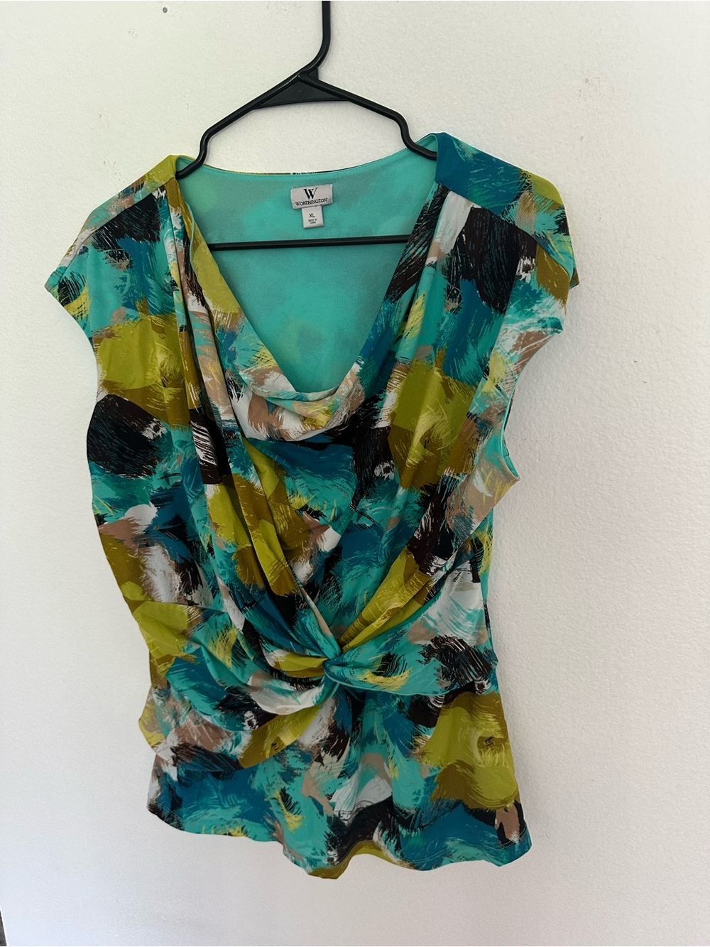 W by Worth Teal Olive and Black Abstract Twist-Front Blouse B5